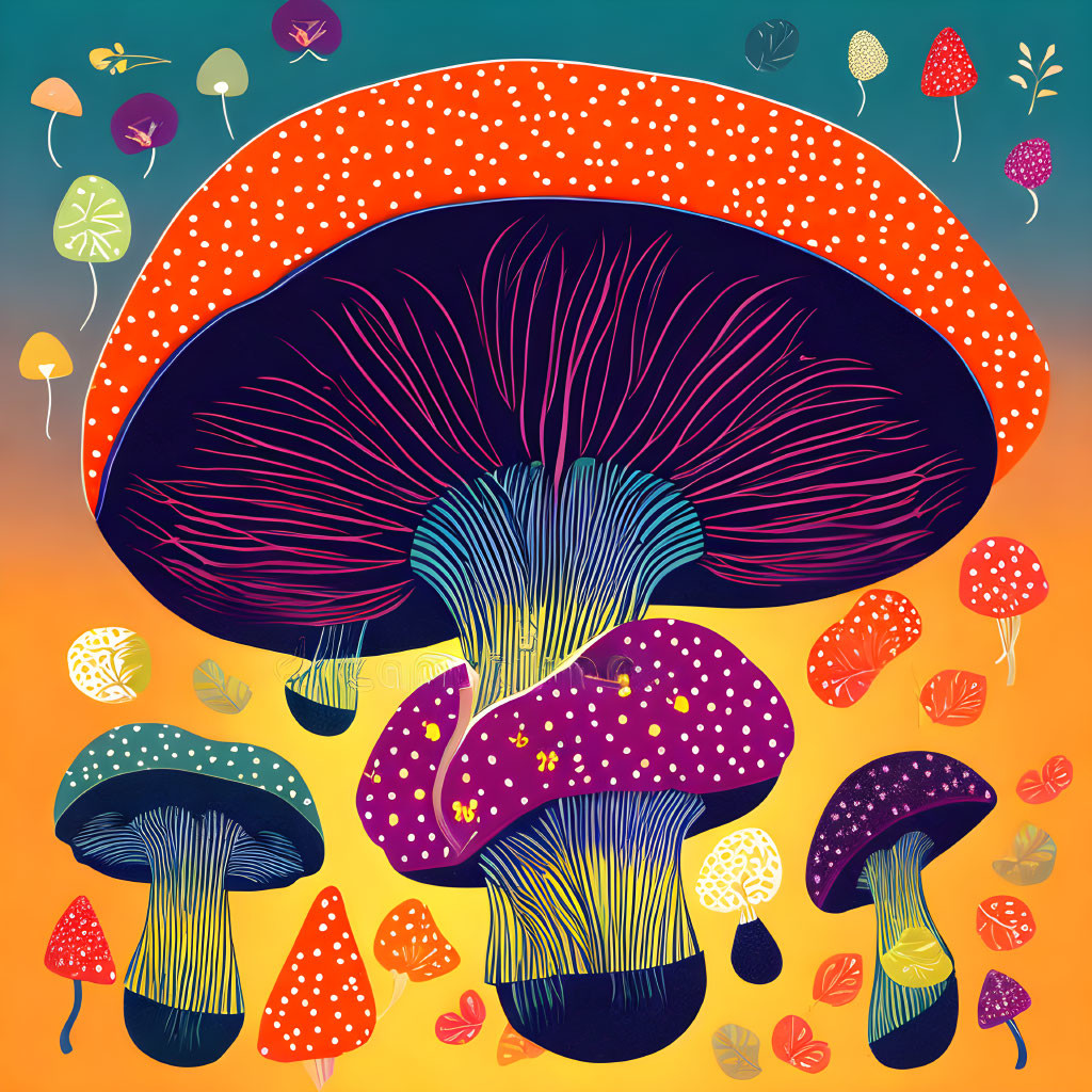 Colorful Mushroom Illustration on Gradient Background with Leaves