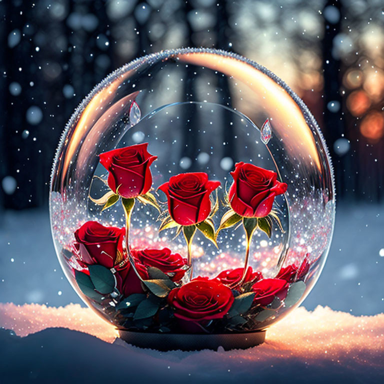 Transparent bubble with red roses on snowy twilight sky.