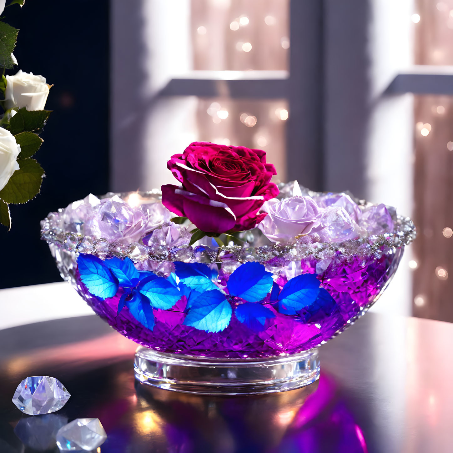 Colorful Rose and Butterfly Floral Arrangement with Crystal Gems in Glass Bowl