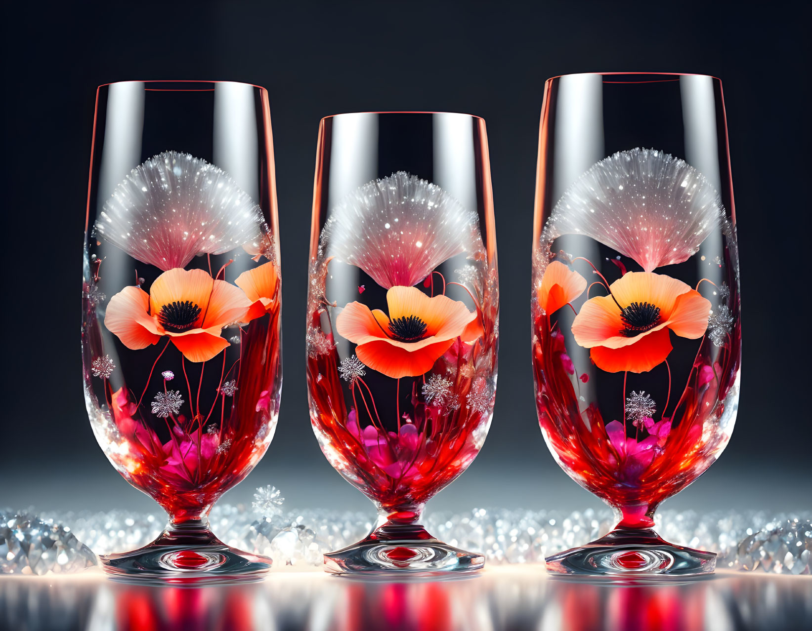 Red and White Floral Patterned Decorative Glasses on Reflective Surface