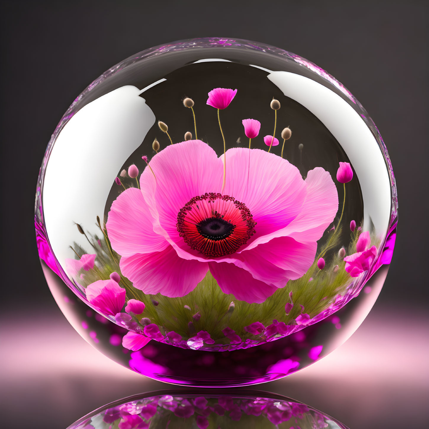 Transparent sphere with pink poppy and flowers on pink-black gradient.