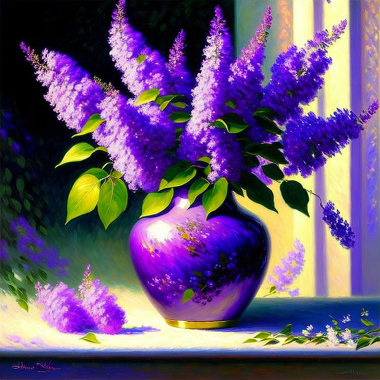 Purple Lilacs Painting in Glossy Vase with Soft Light Filtering - Tranquil Atmosphere