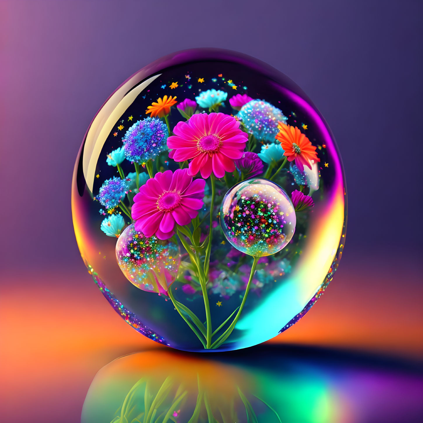 Colorful Sphere with Flowers on Starry Background and Reflective Surface