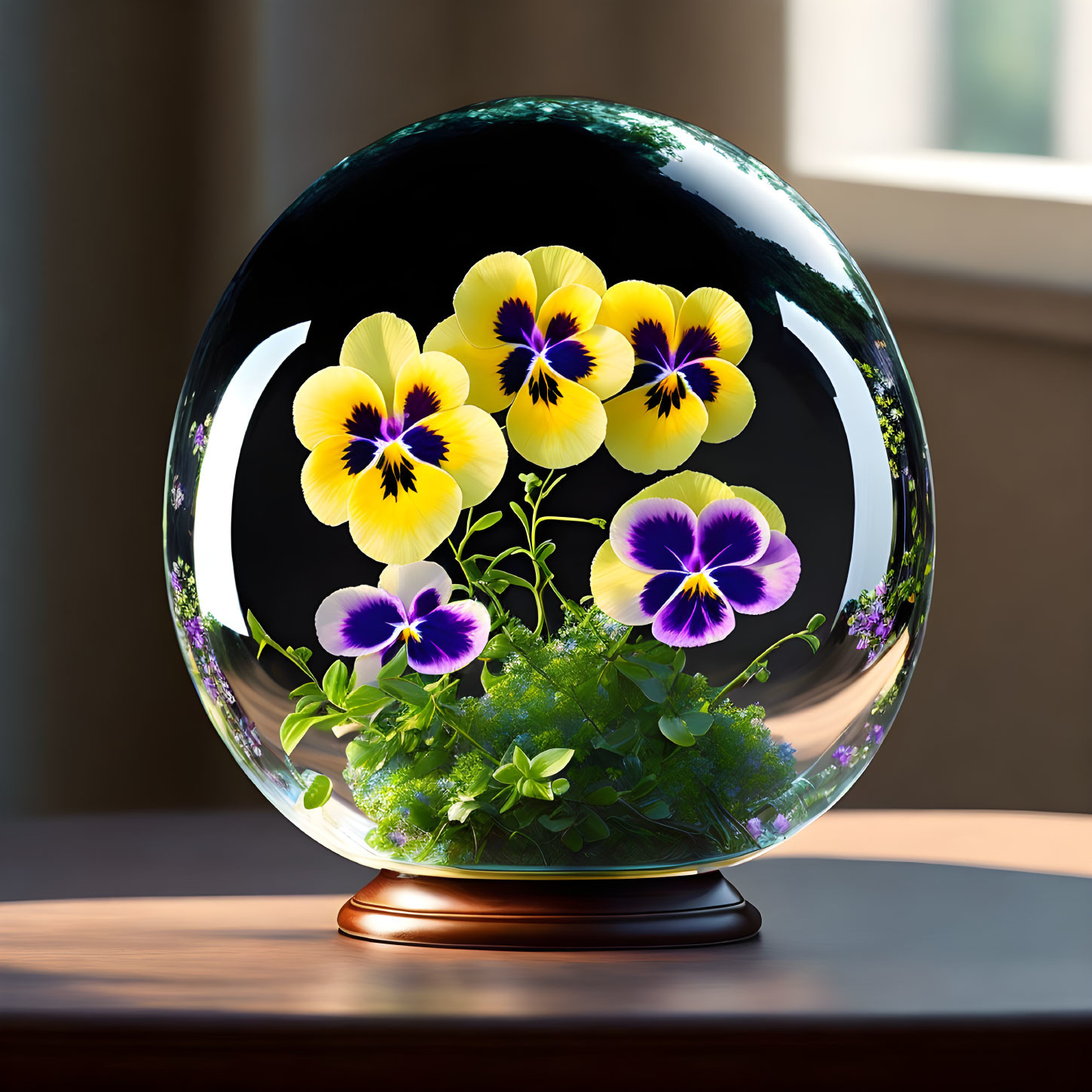 Crystal Ball with 3D Vivid Pansy Flowers on Window Ledge