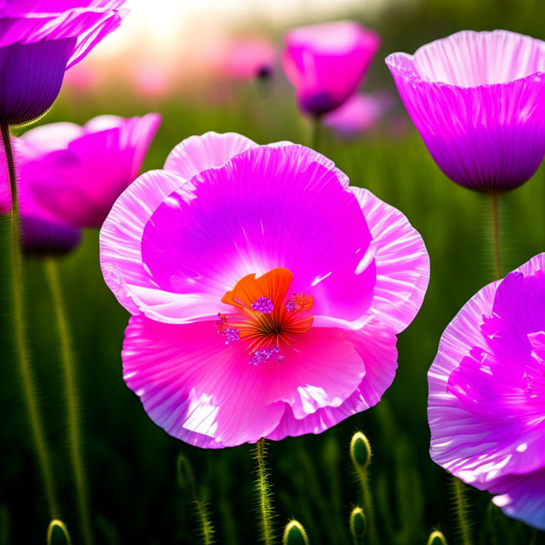 Bright Pink Poppies in Sunlit Green Field