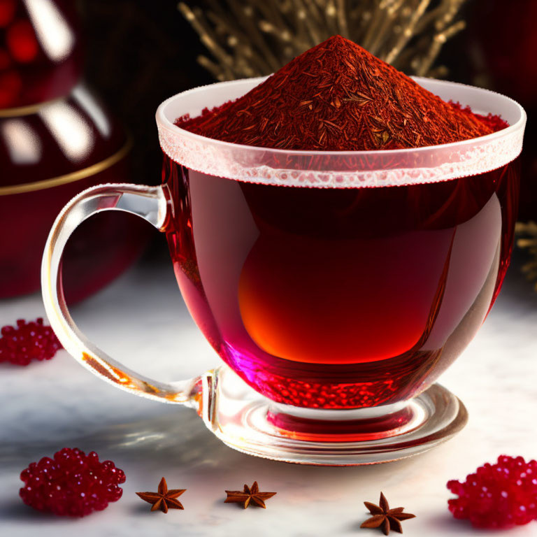 Glass cup overflowing with red spice, vibrant liquid, star anise, and berries on reflective surface