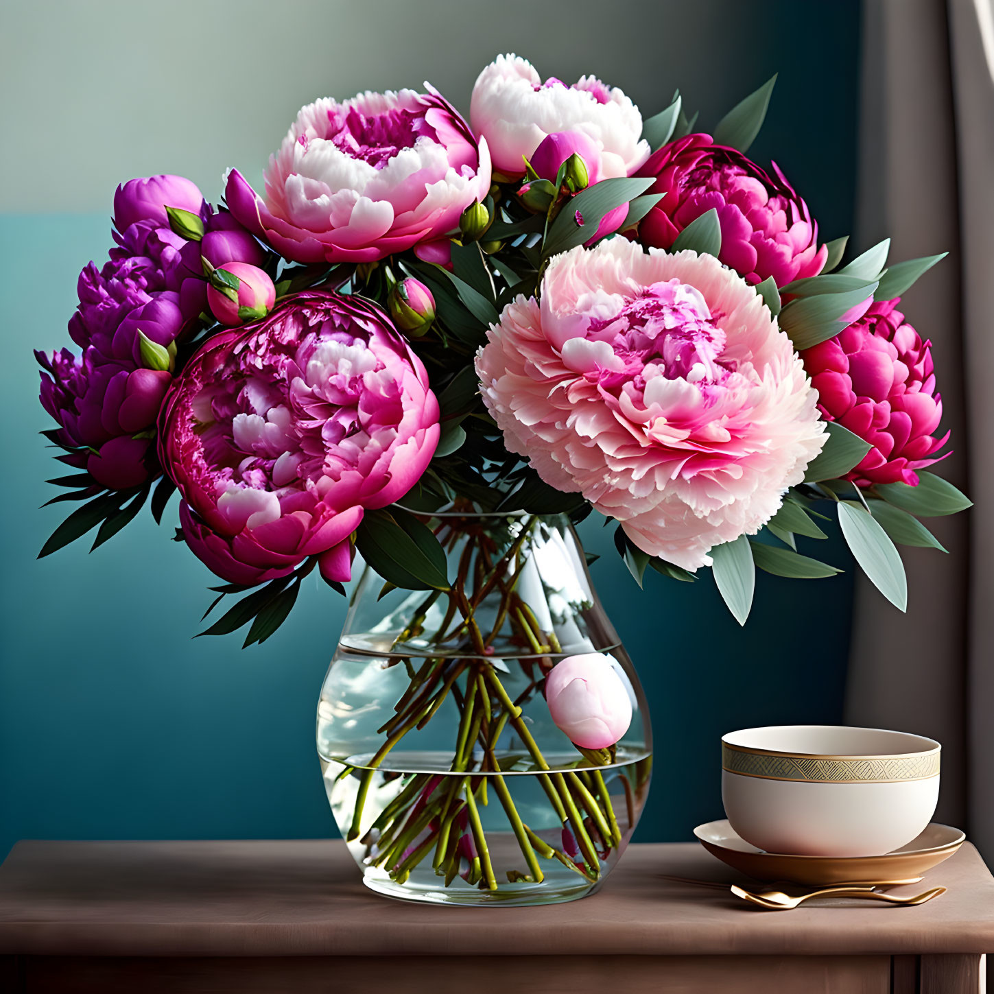 Pink and Purple Peonies Bouquet with Cup on Wooden Surface