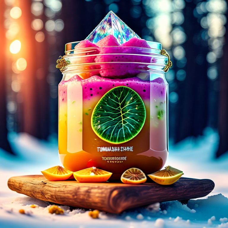 Layered Smoothie in Glass Jar with Crystal and Lime Slice on Wooden Board in Snowy Forest