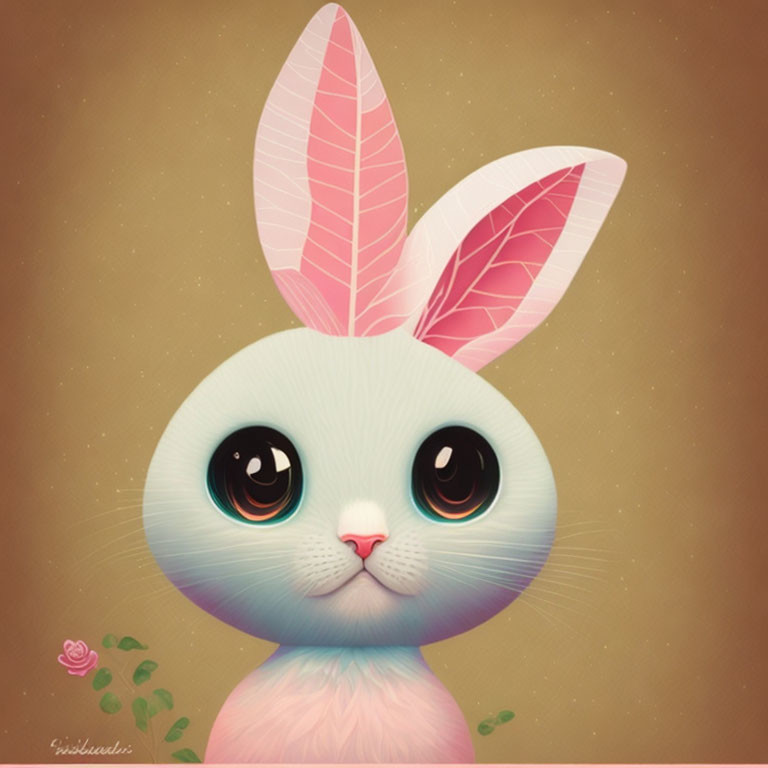 Stylized rabbit illustration with large eyes and pink ears on brown background