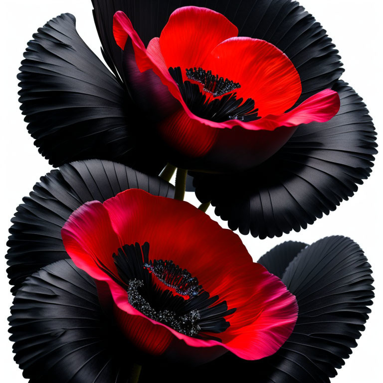 Bright red poppies with dark petals on black background