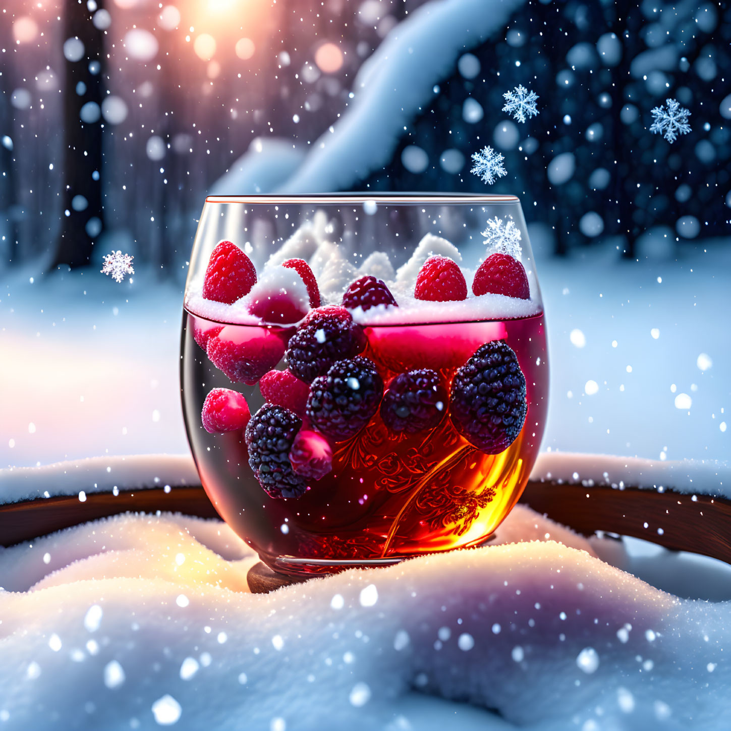 Red Fruit Punch Glass with Berries on Snowy Surface