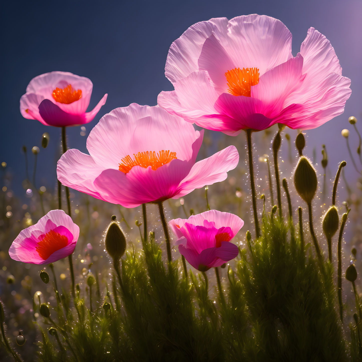 Vibrant pink poppies under blue sky: backlit petals, orange centers.