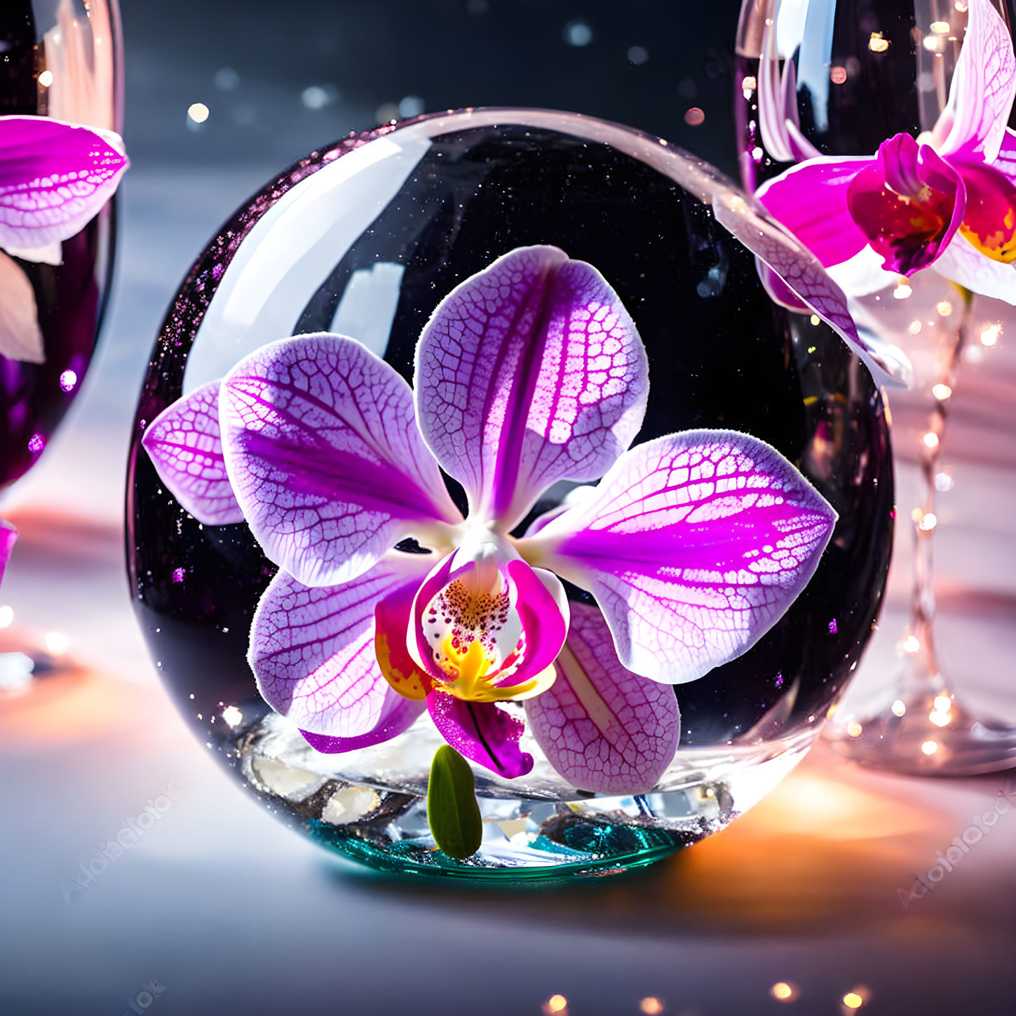 Purple orchid in glass sphere with wine glasses on sparkling background