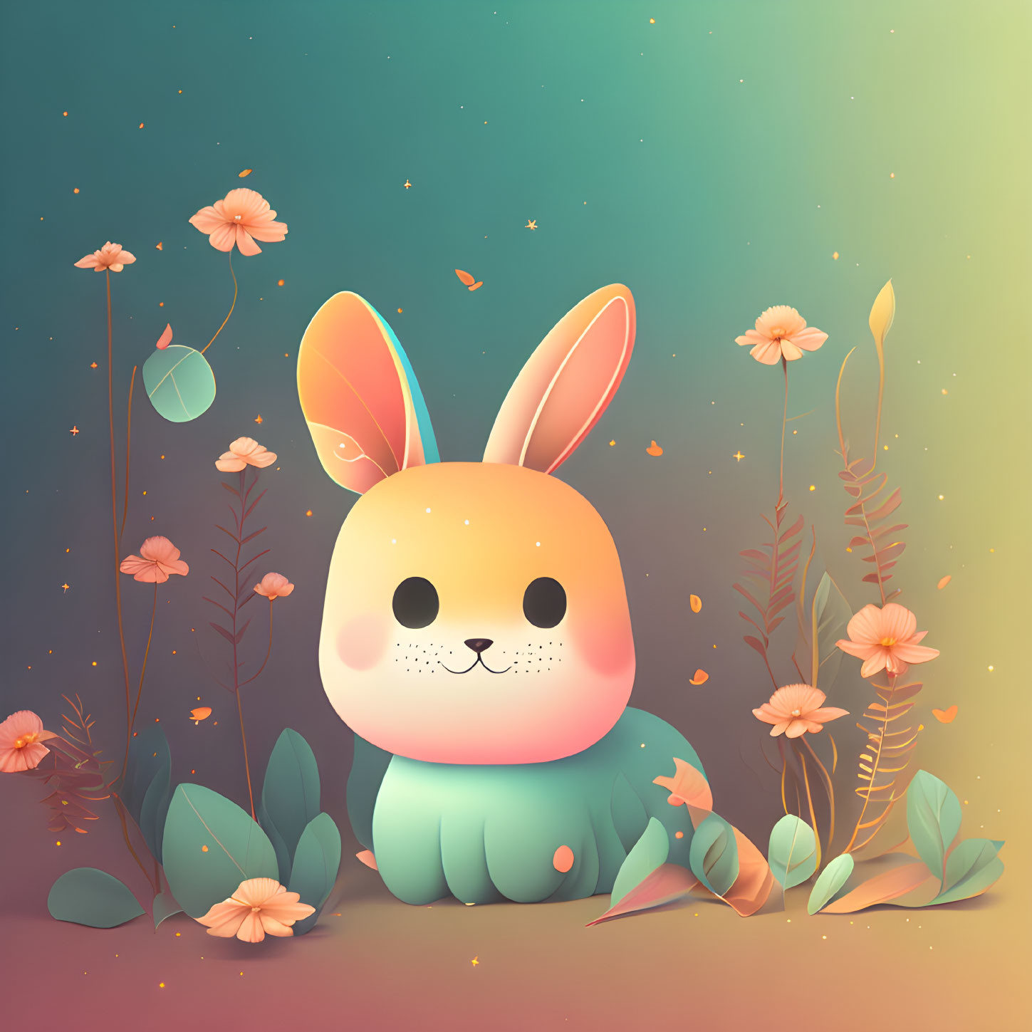 Colorful Flower and Bunny Illustration on Gradient Background