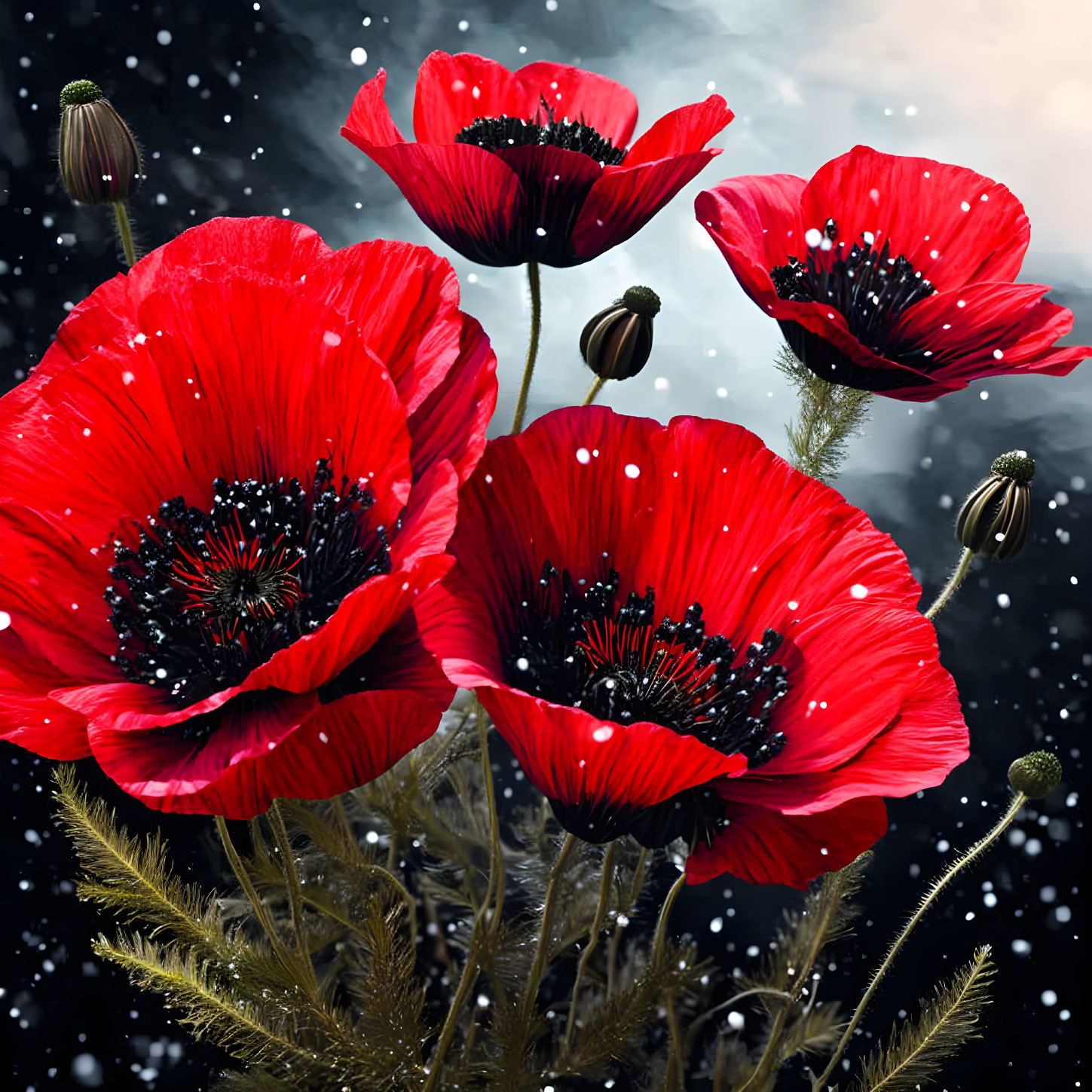 Red Poppies with Black Centers on Snowy Background: A Contrast of Warm and Cold Elements