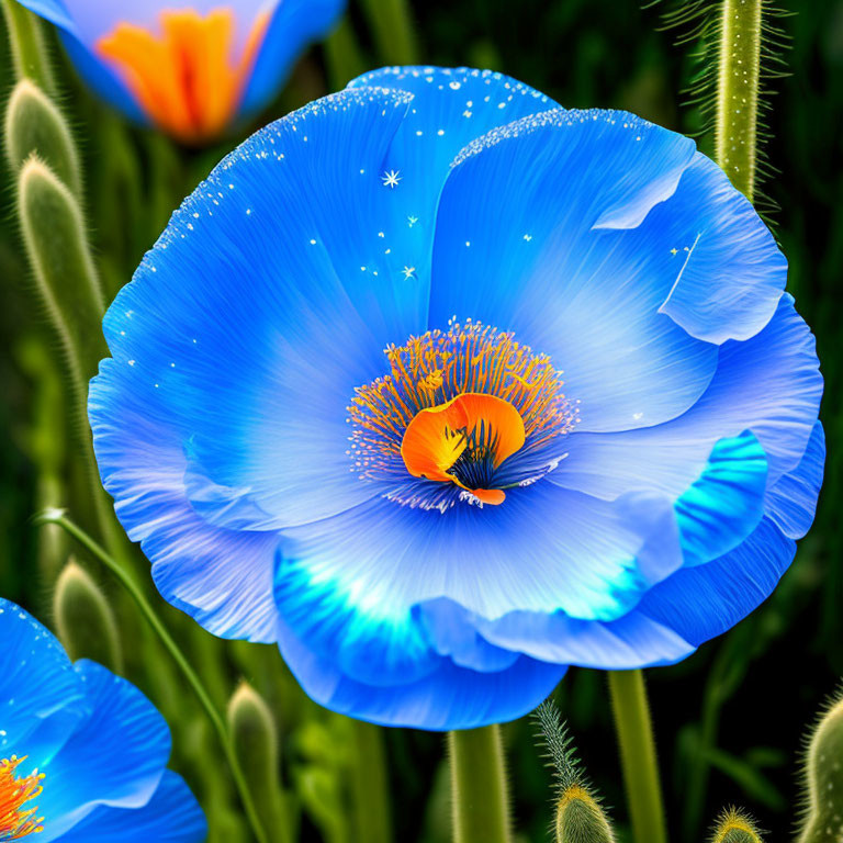 Colorful Blue Poppy Flower with Orange Center and Sparkles on Green Background