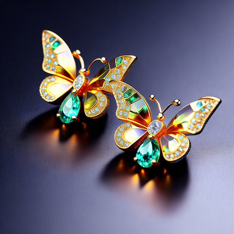 Ornate butterfly-shaped brooches with sparkling gems and gold detailing