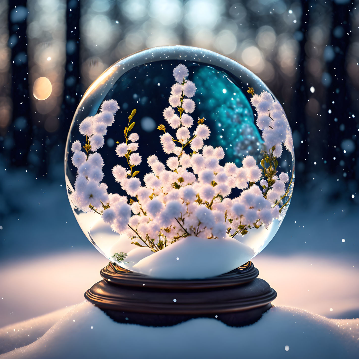 Snow globe with white flowers in wintry forest setting