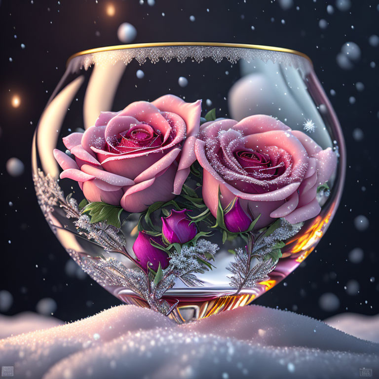 Glass terrarium with pink and purple roses in snowy scene