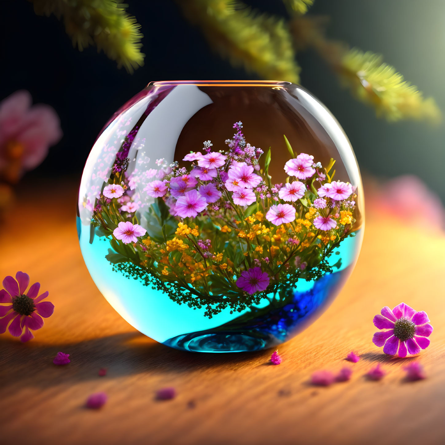 Colorful Wildflowers in Glass Terrarium with Blue-Tinged Water on Wooden Surface