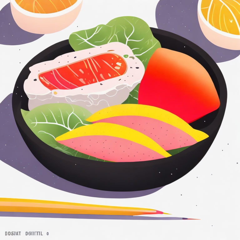 Colorful Bowl with Salmon, Rice, Vegetables, and Chopsticks on Stylized Background