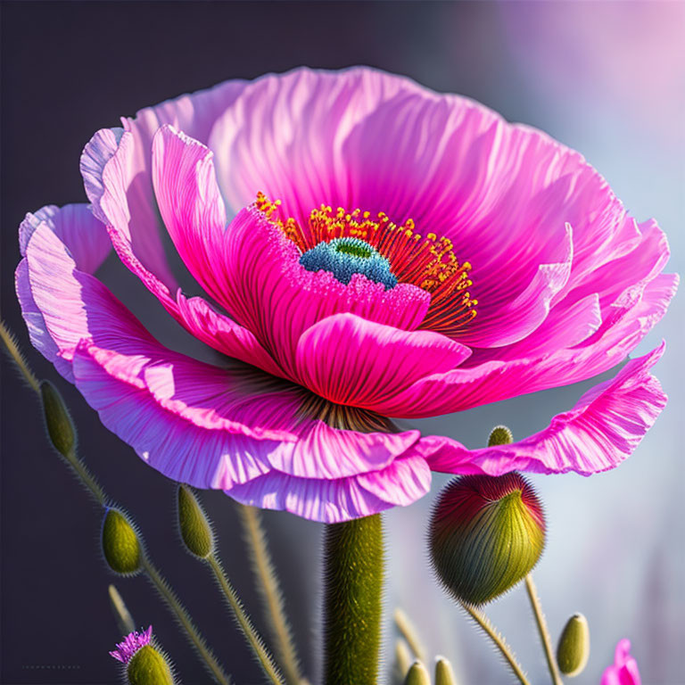 Vibrant pink poppy flower with multicolored stamen on blurred background