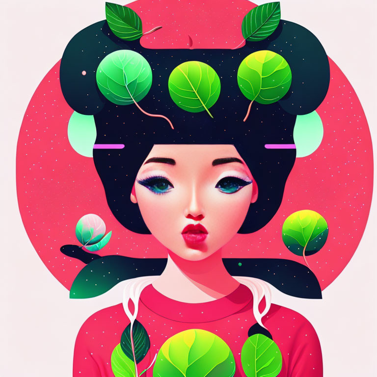 Cosmic-themed digital illustration of woman with green leaves in hair on pink starry backdrop