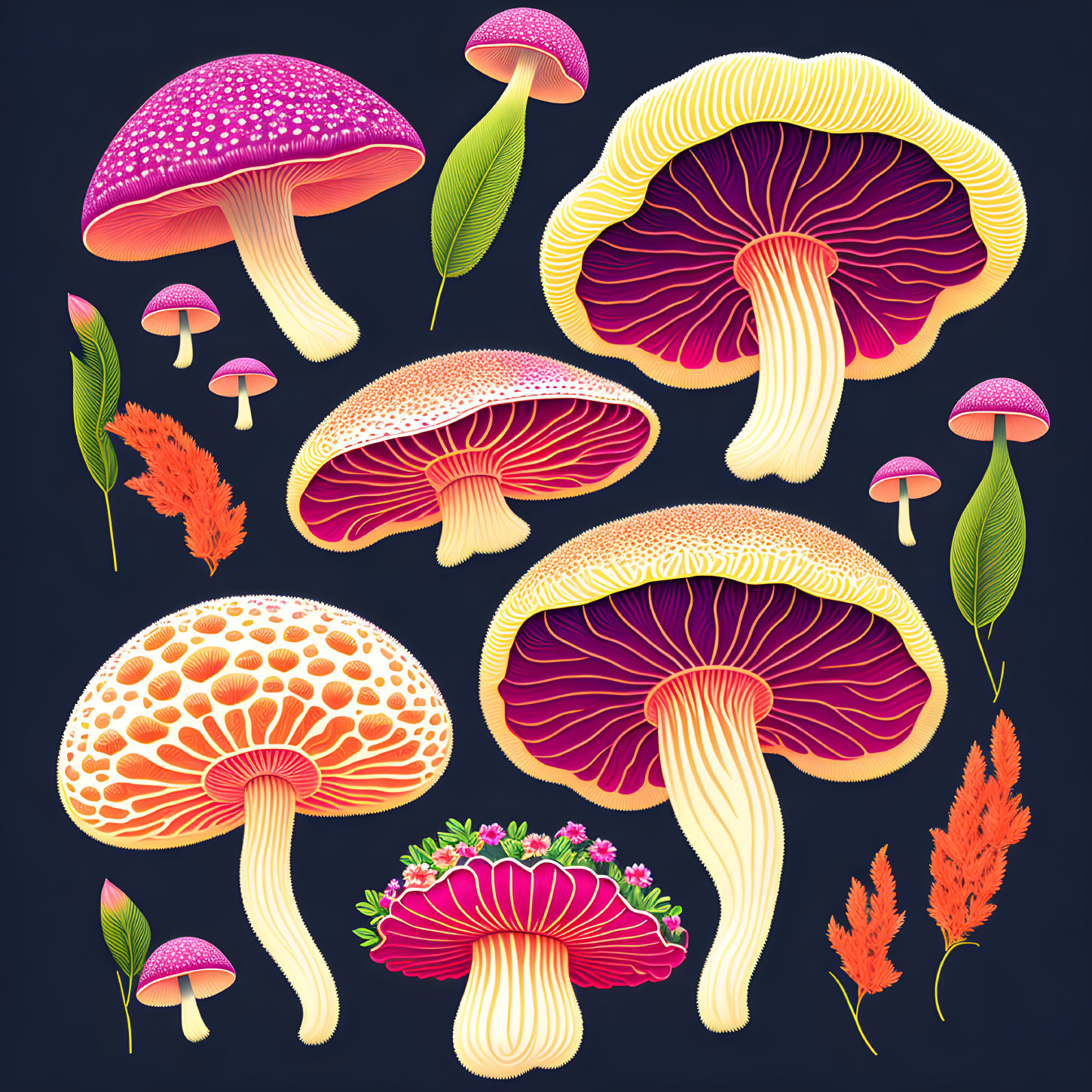 Vibrant Stylized Mushrooms and Plants on Dark Background