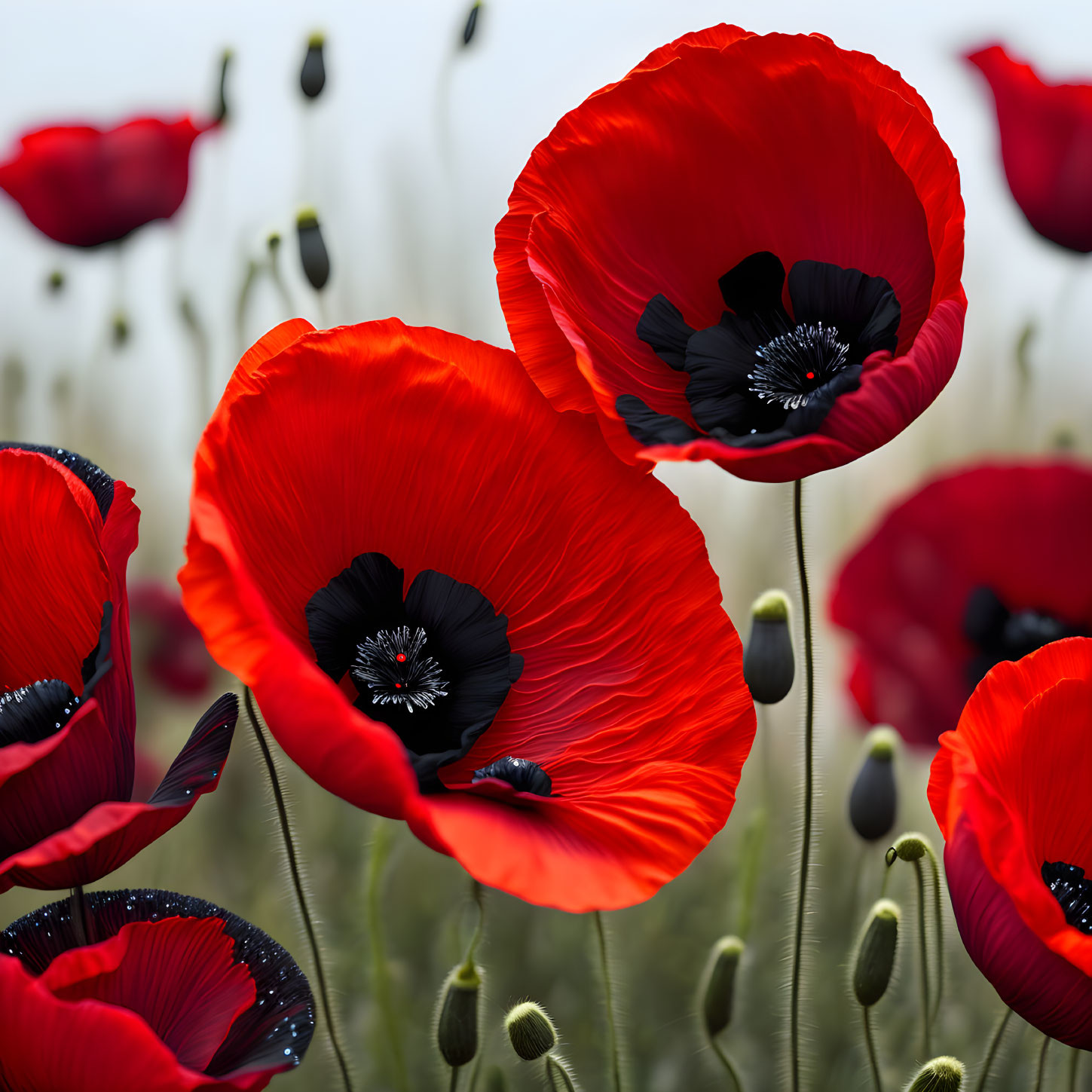 Bright red poppies with black centers on green stems in blurred backdrop