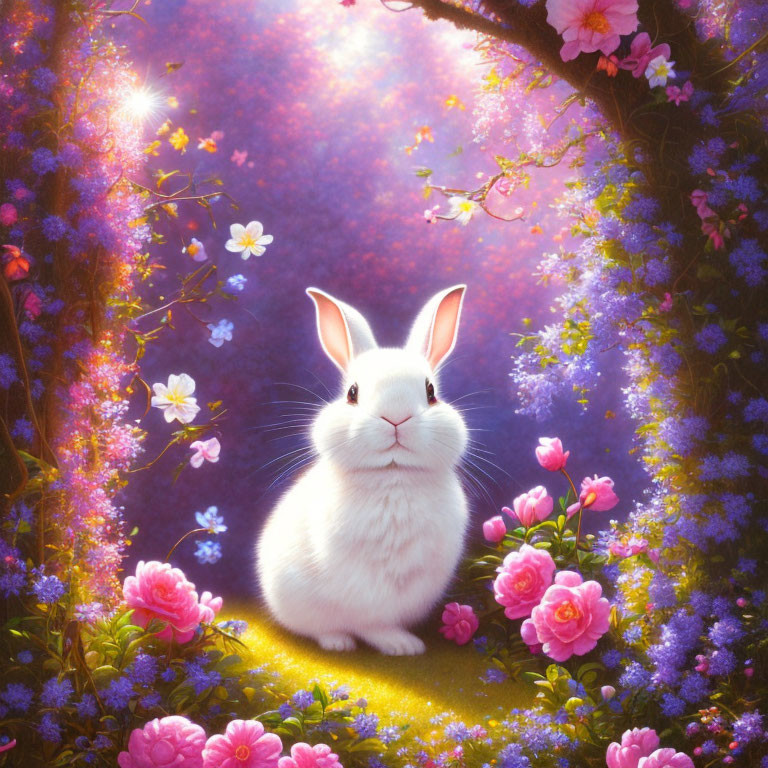 White Rabbit in Vibrant Magical Garden with Purple Hues and Blooming Flowers