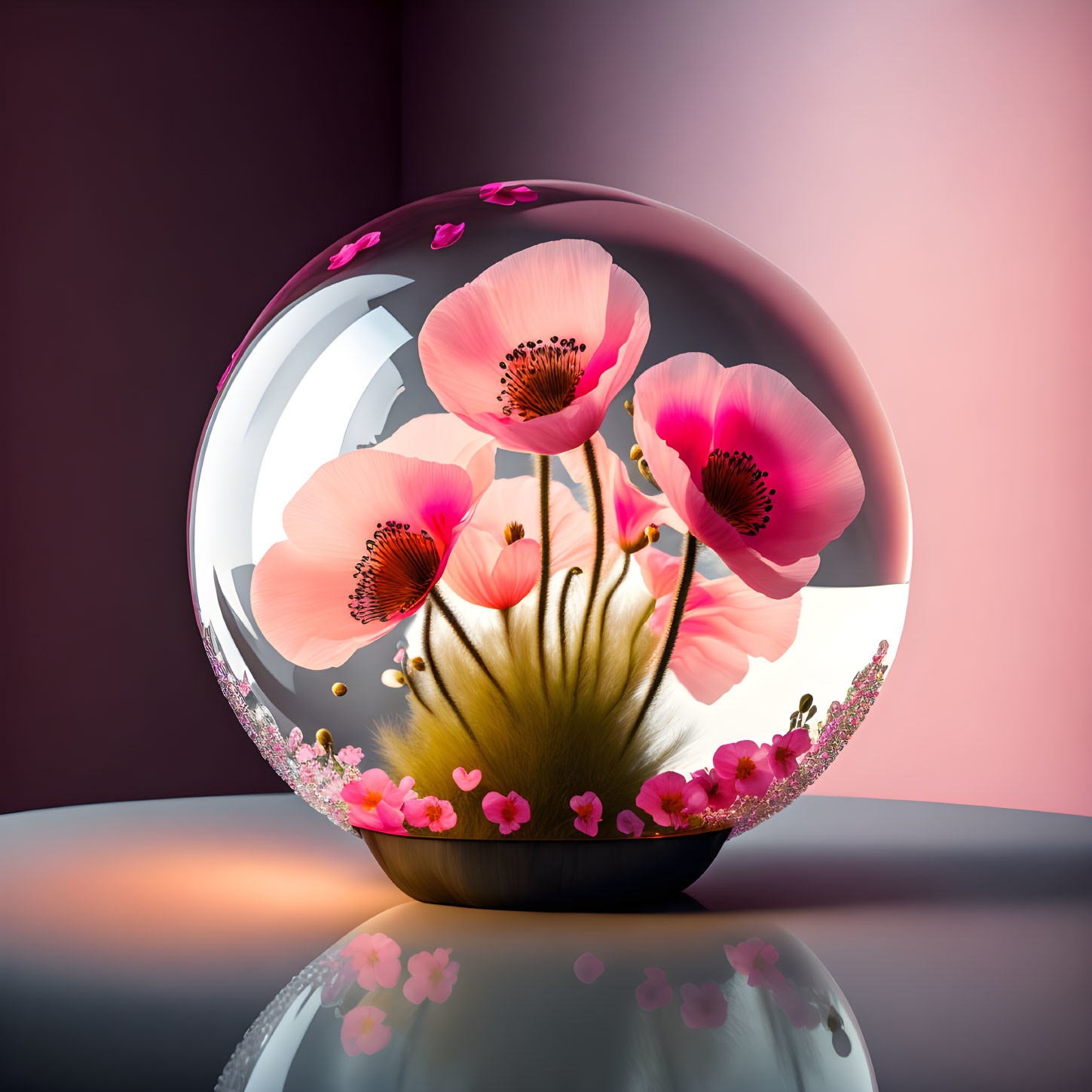 Translucent sphere with pink poppies and flowers on reflective surface