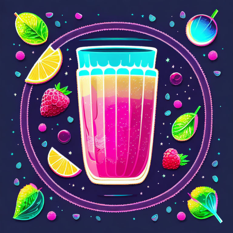 Colorful Pink Gradient Drink with Citrus and Berries on Dark Background