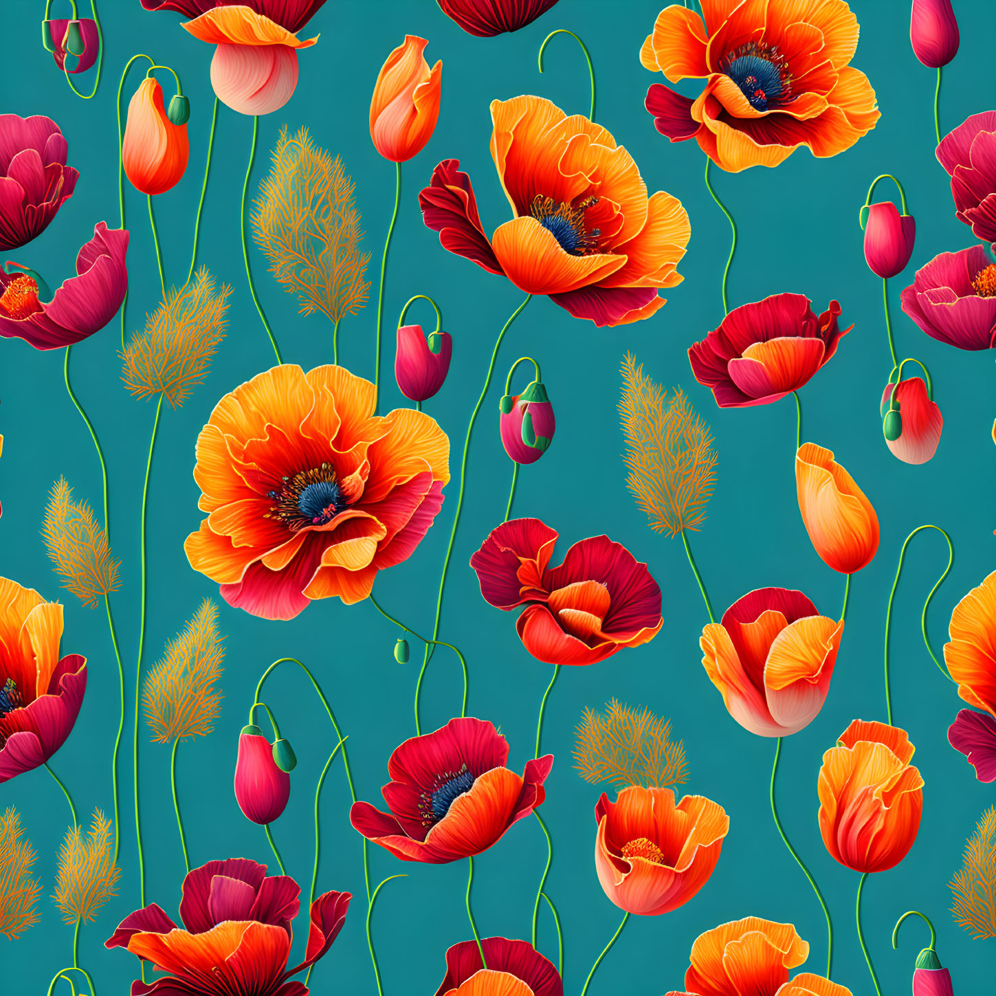 Vibrant orange and red poppies pattern on teal background