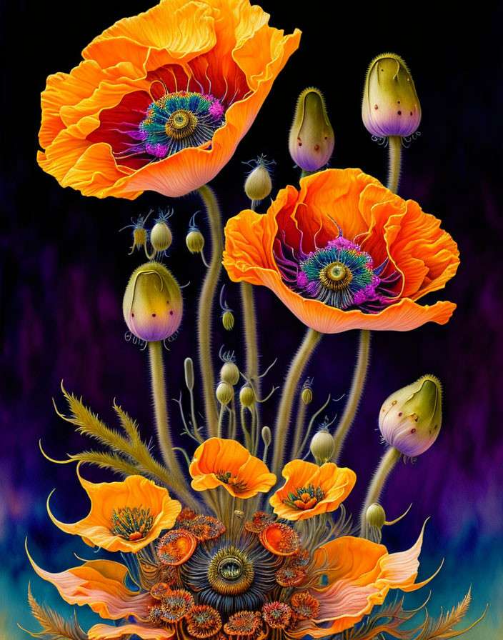 Detailed Orange Poppy Flowers on Dark Background