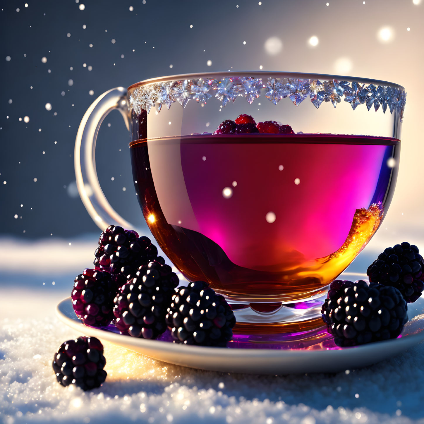 Warm berry tea with snowflakes and blackberries on snowy surface