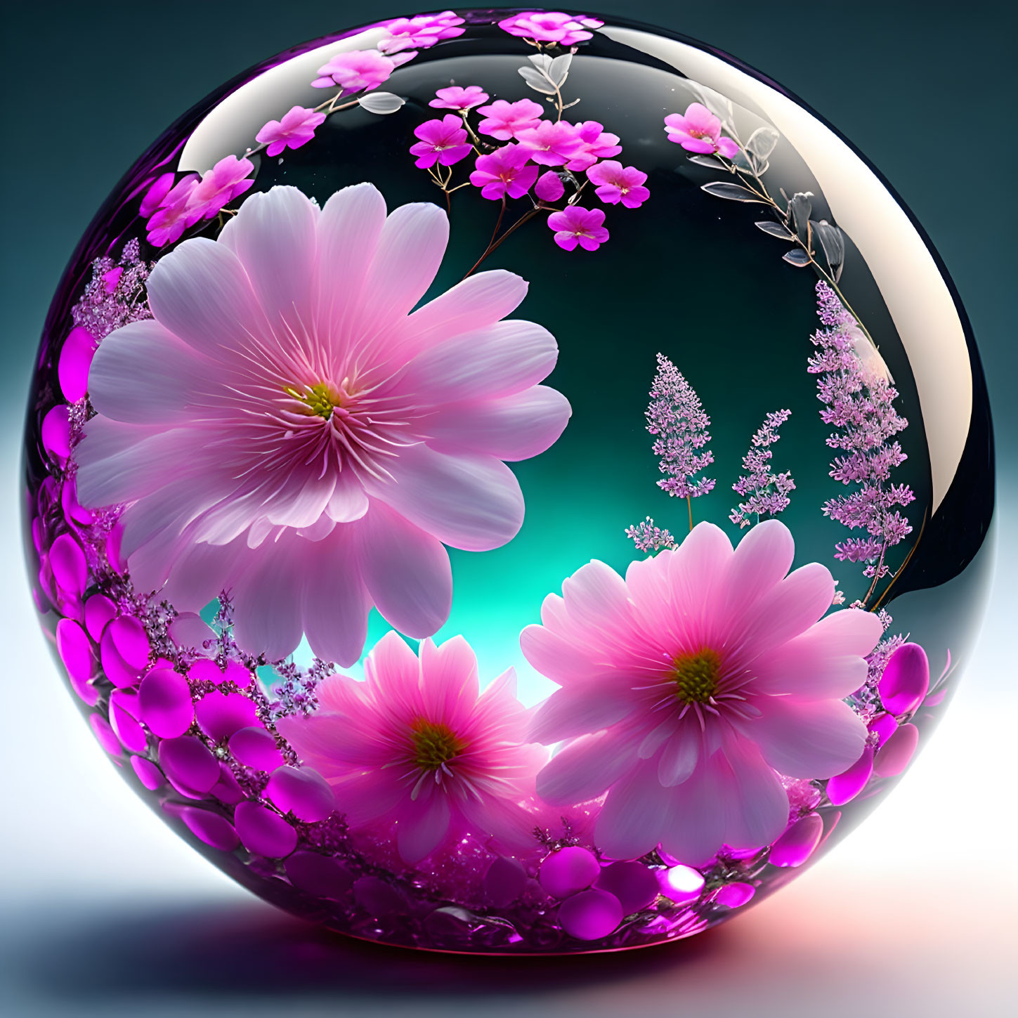 Vibrant pink flowers on glossy sphere against teal-blue gradient.