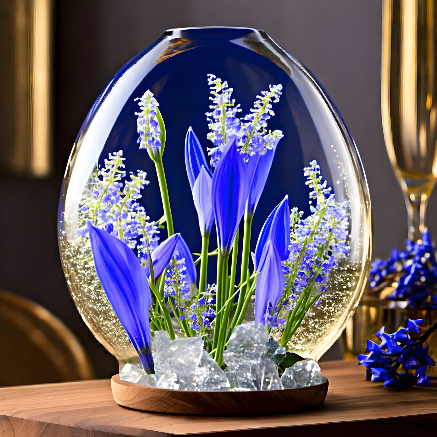 Blue and White Floral Arrangement in Egg-shaped Terrarium on Wooden Base