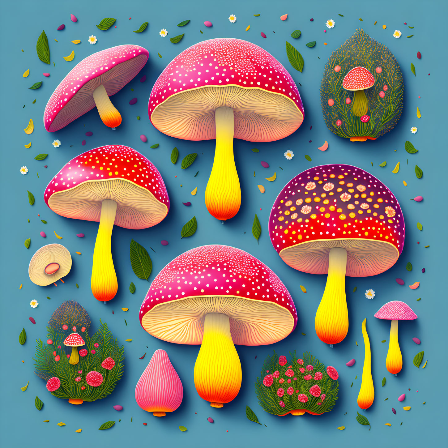 Colorful whimsical mushroom illustrations with floral patterns on teal background