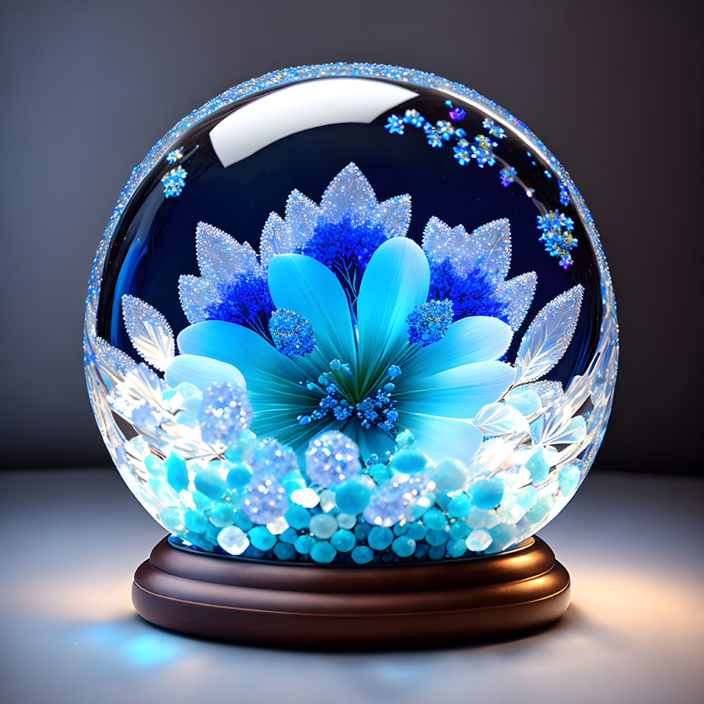 Glowing crystal ball with blue flower and intricate patterns on dark background