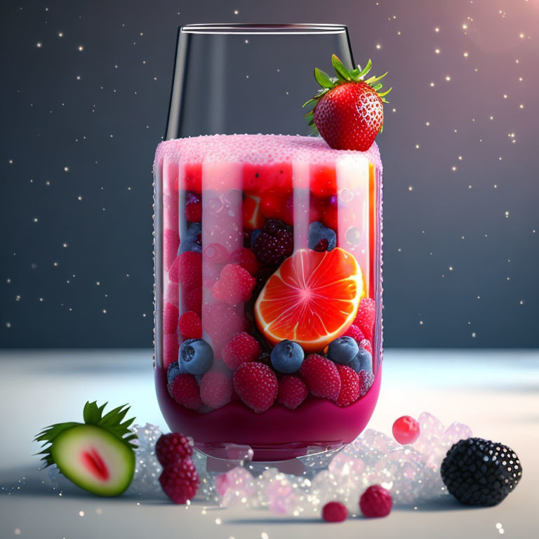 Colorful Fruit Smoothie with Fresh Berries and Orange Slice on Starry Background