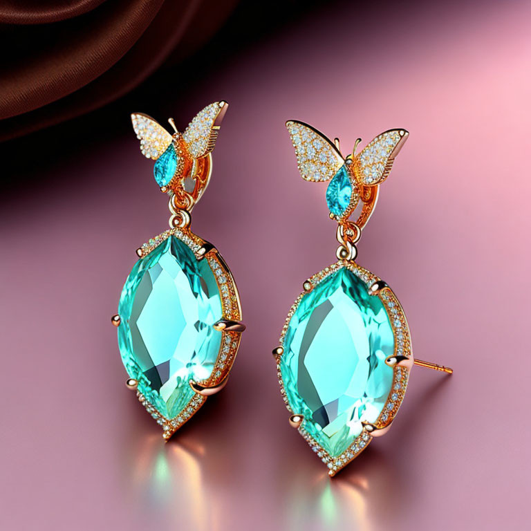 Aquamarine and Diamond Butterfly Earrings on Pink Background