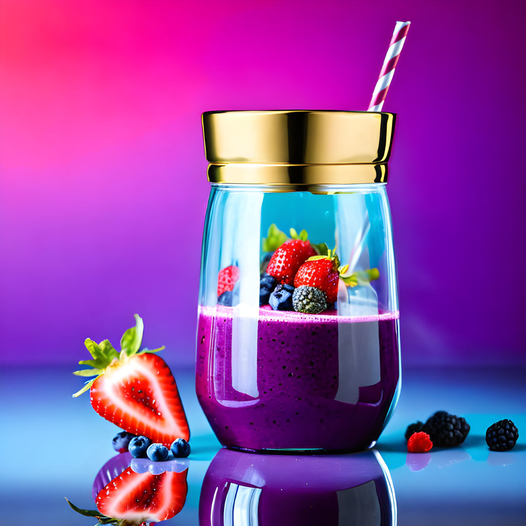 Colorful Berry Smoothie in Glass Jar with Gold Lid and Striped Straw