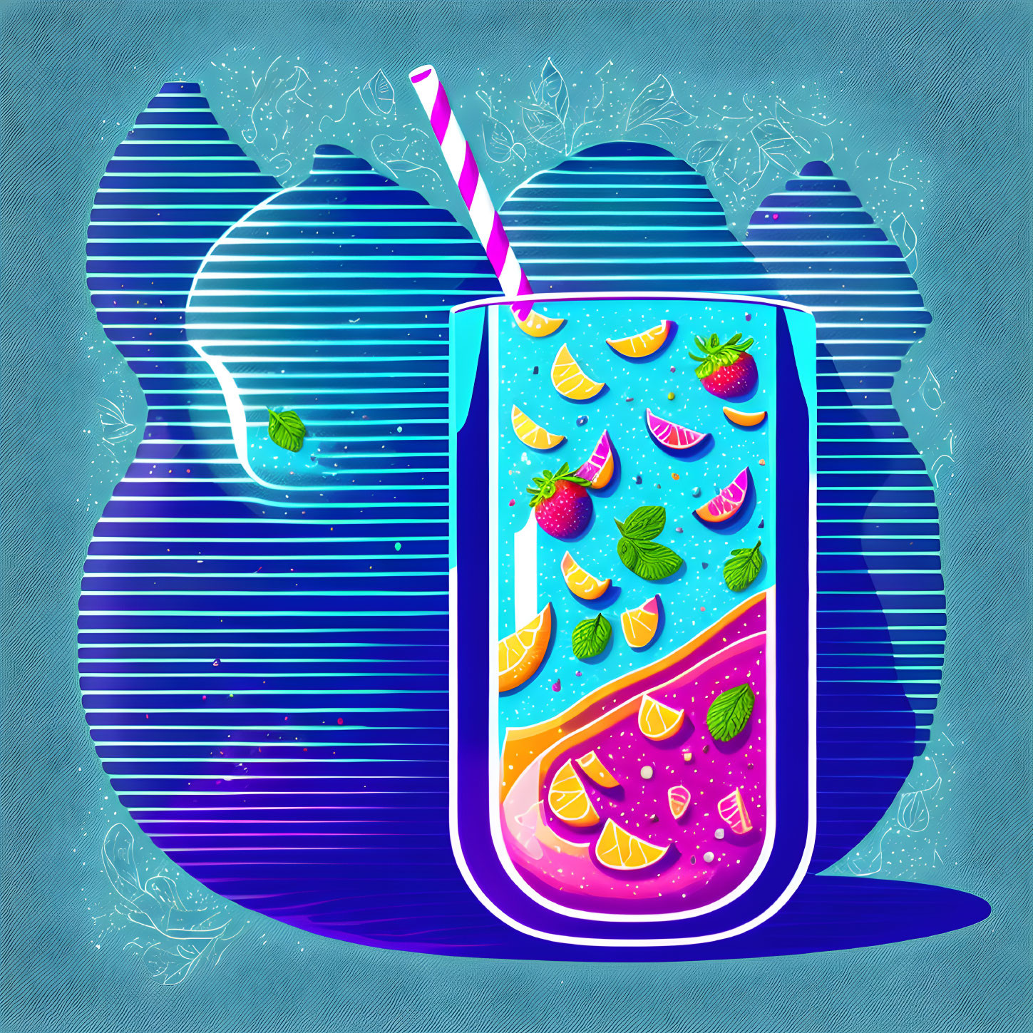 Colorful Fruit Drink Illustration with Cat Silhouette Background