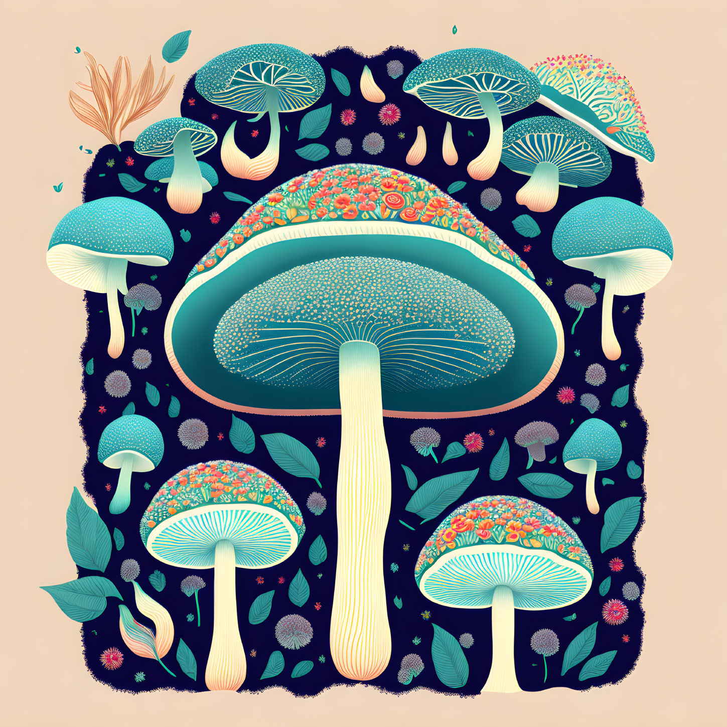 Stylized Mushroom Illustration with Intricate Patterns on Beige Backdrop