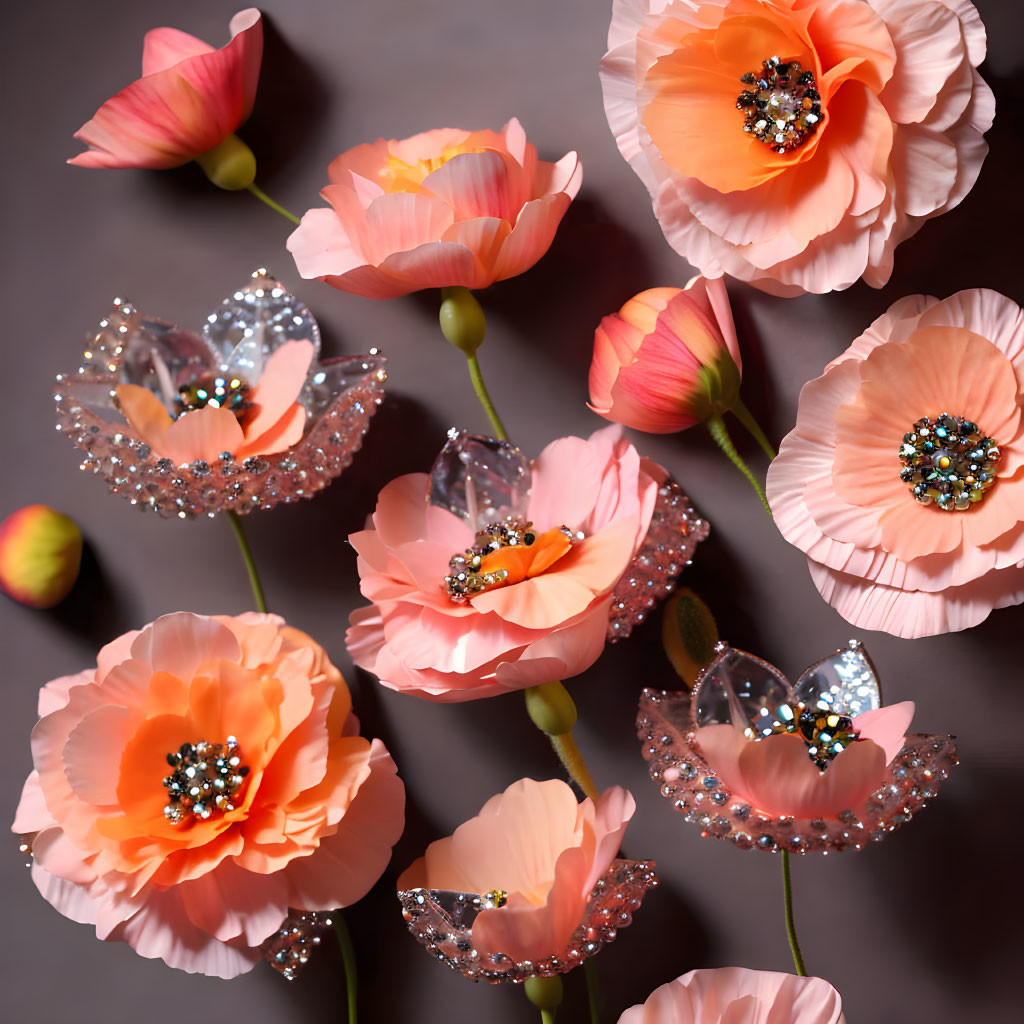 Peach-Colored Artificial Flowers with Gem Centers on Dark Surface