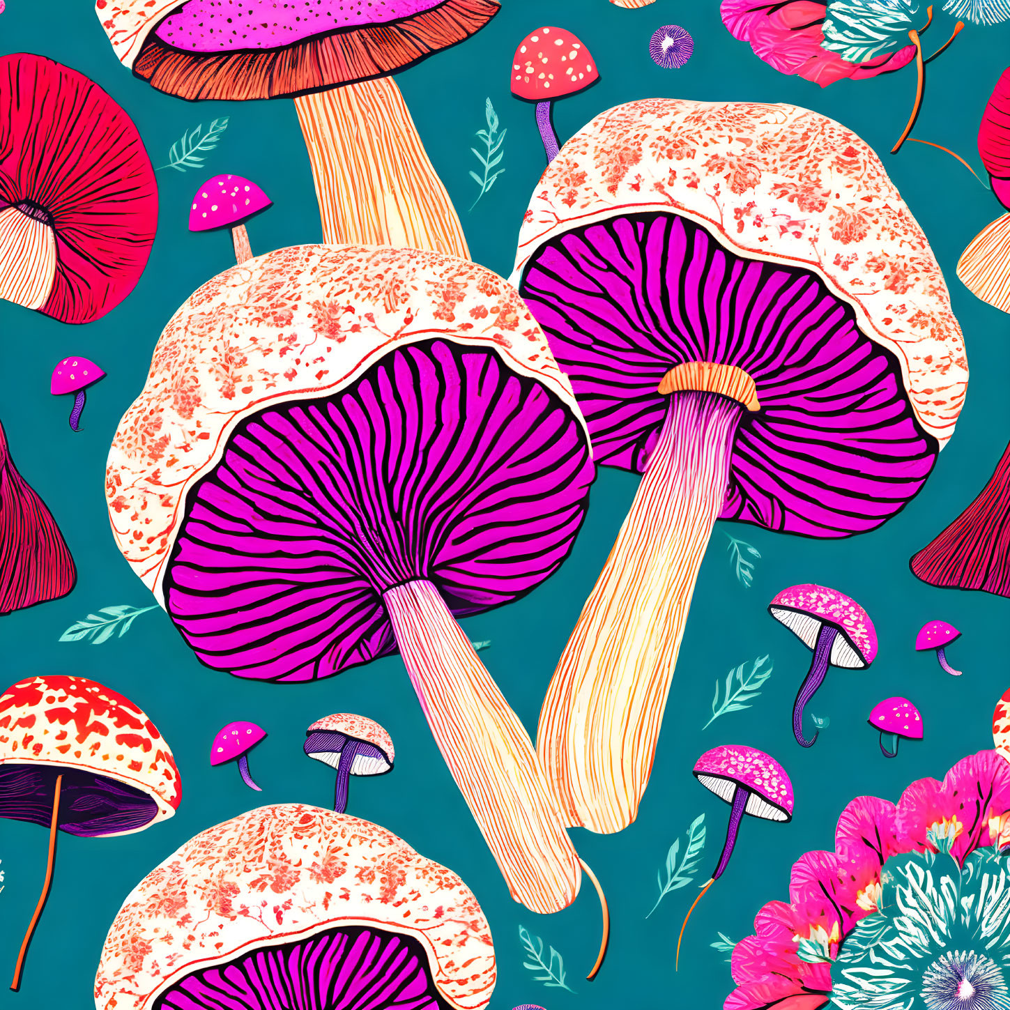 Vibrant Mushroom Pattern on Teal Background with Floral Accents