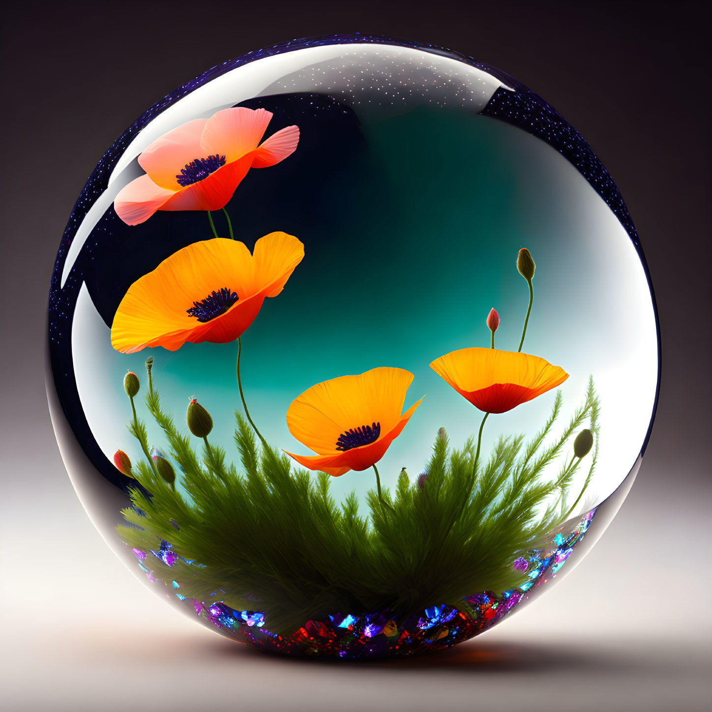 Colorful spherical artwork: orange poppies, greenery, starry night sky, turquoise gradient