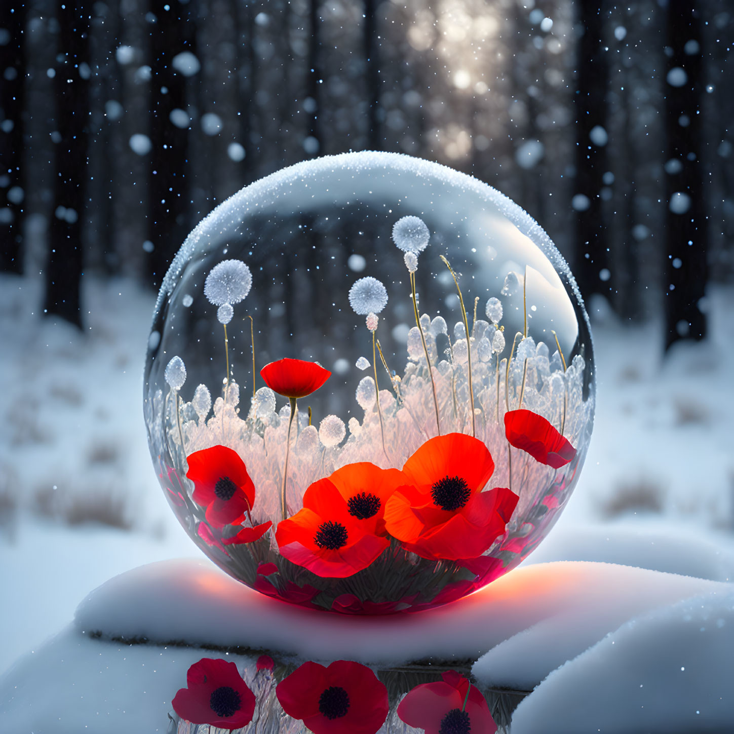 Glass sphere with red poppies and white dandelions in snowy forest scene