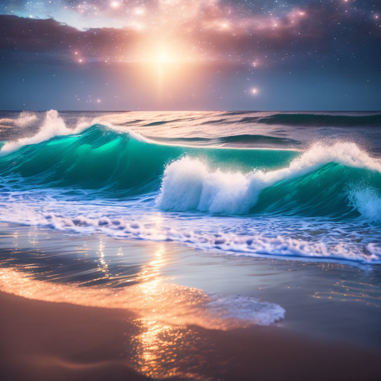 Vibrant turquoise waves crashing at sunset