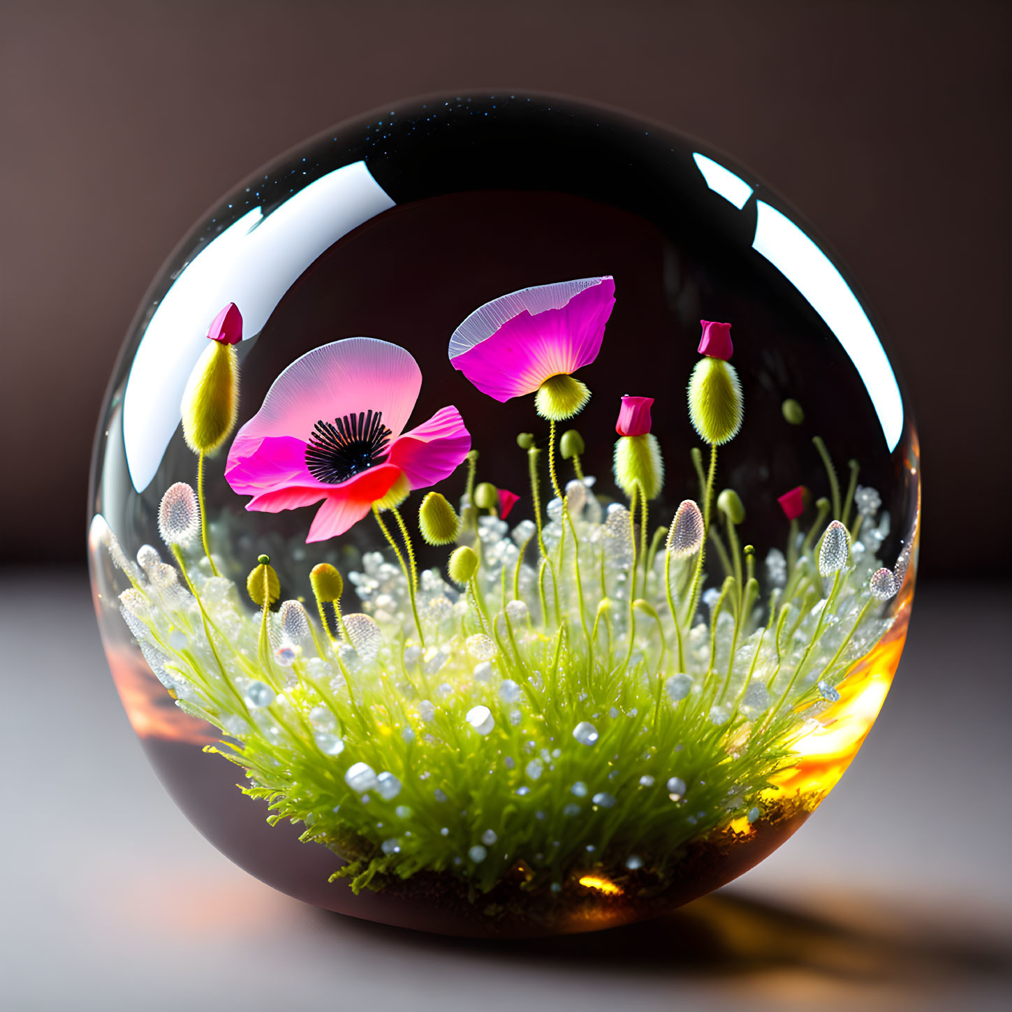 Miniature garden with pink flowers in crystal ball display